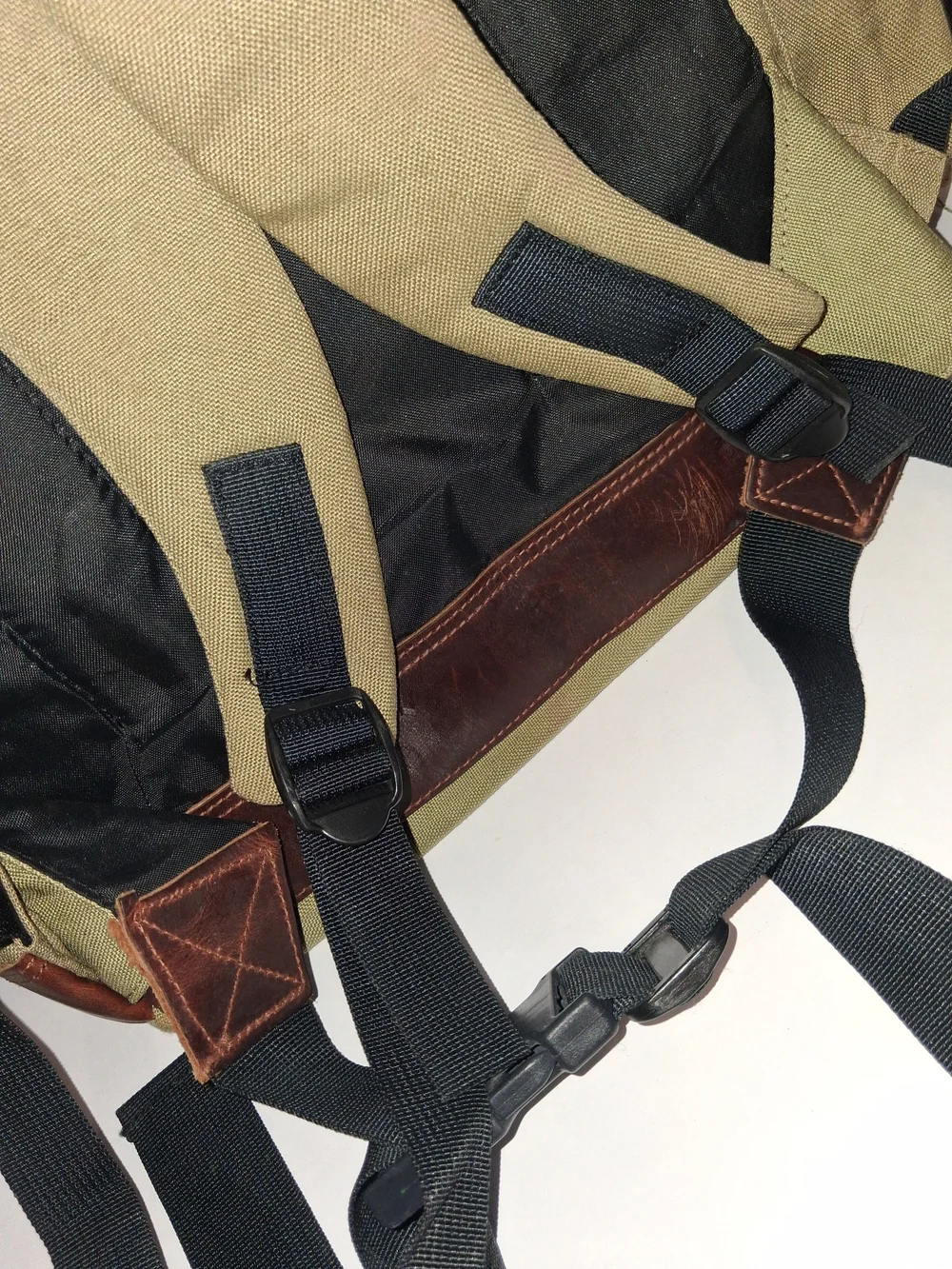 Timberland Olive Canvas Backpack with Brown Leather Accents